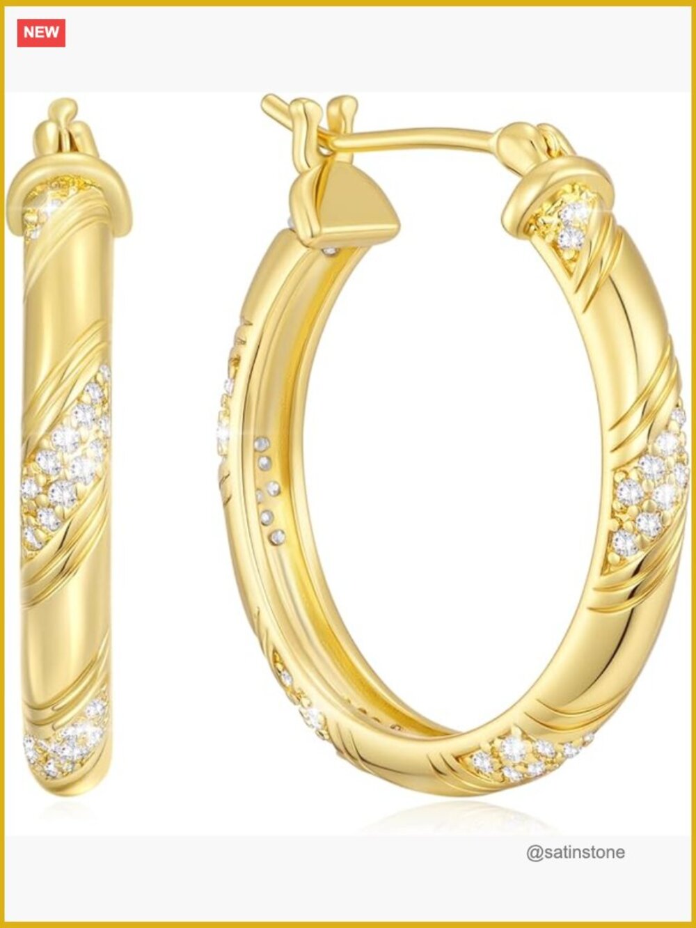 14K Gold Hoop Earrings Cubic Zirconia Pavé Hinged Hoop